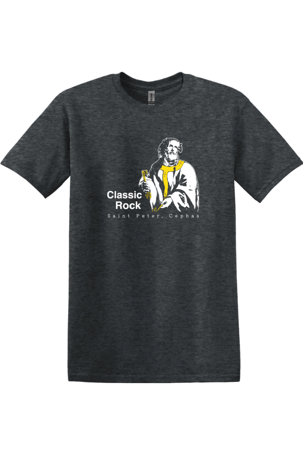 a dark gray heathered t-shirt with St. Peter on it that says "Classic Rock"