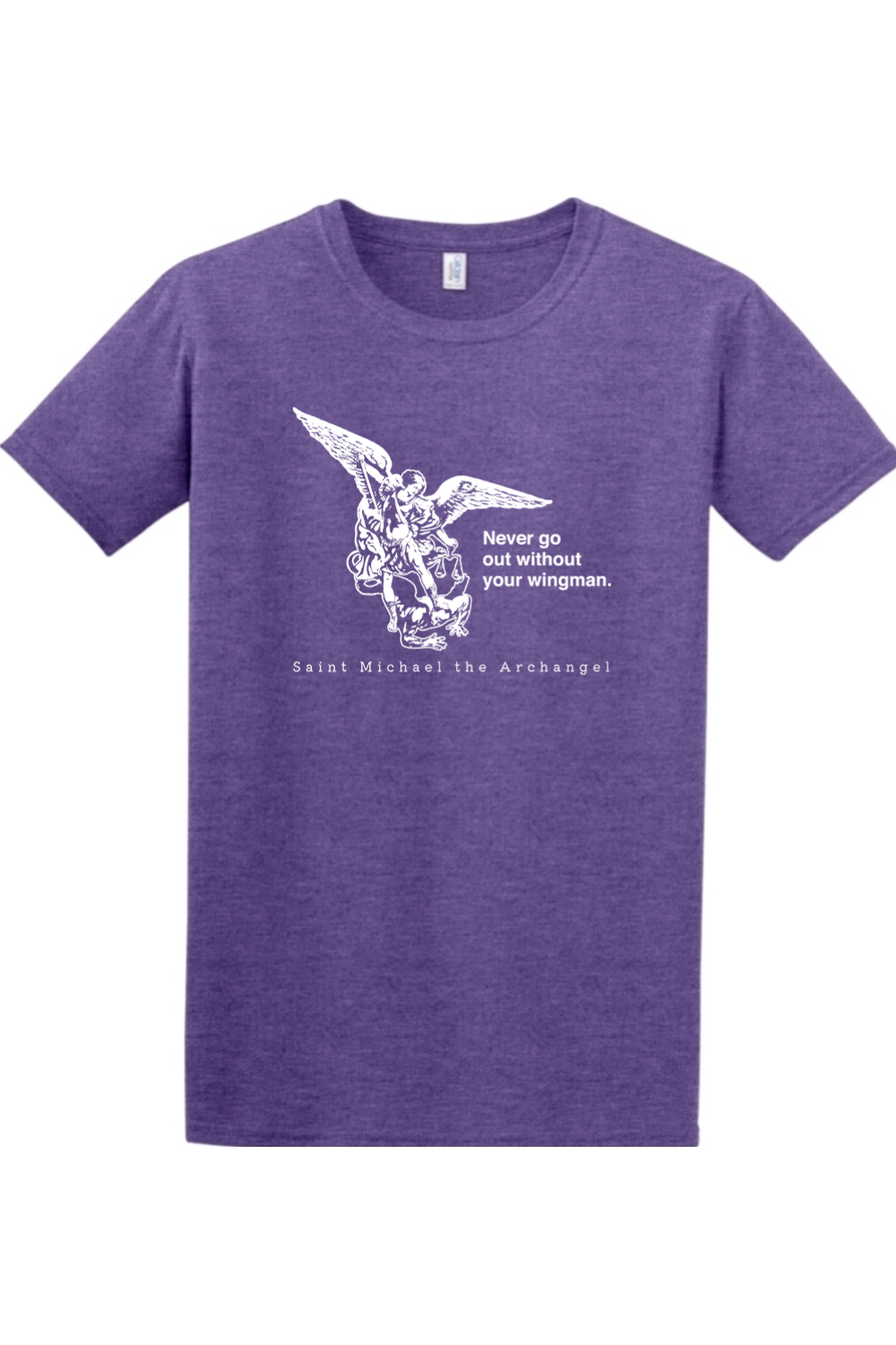 a purple t - shirt with an image of St. Michael the Archangel on it. It says "Never go without your wingman"