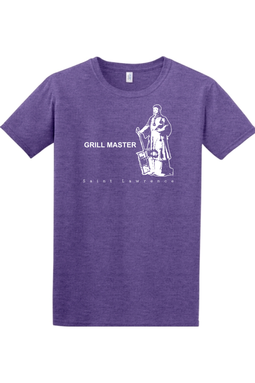 purple t-shirt with St. Lawrence on it that says "Grill Master"