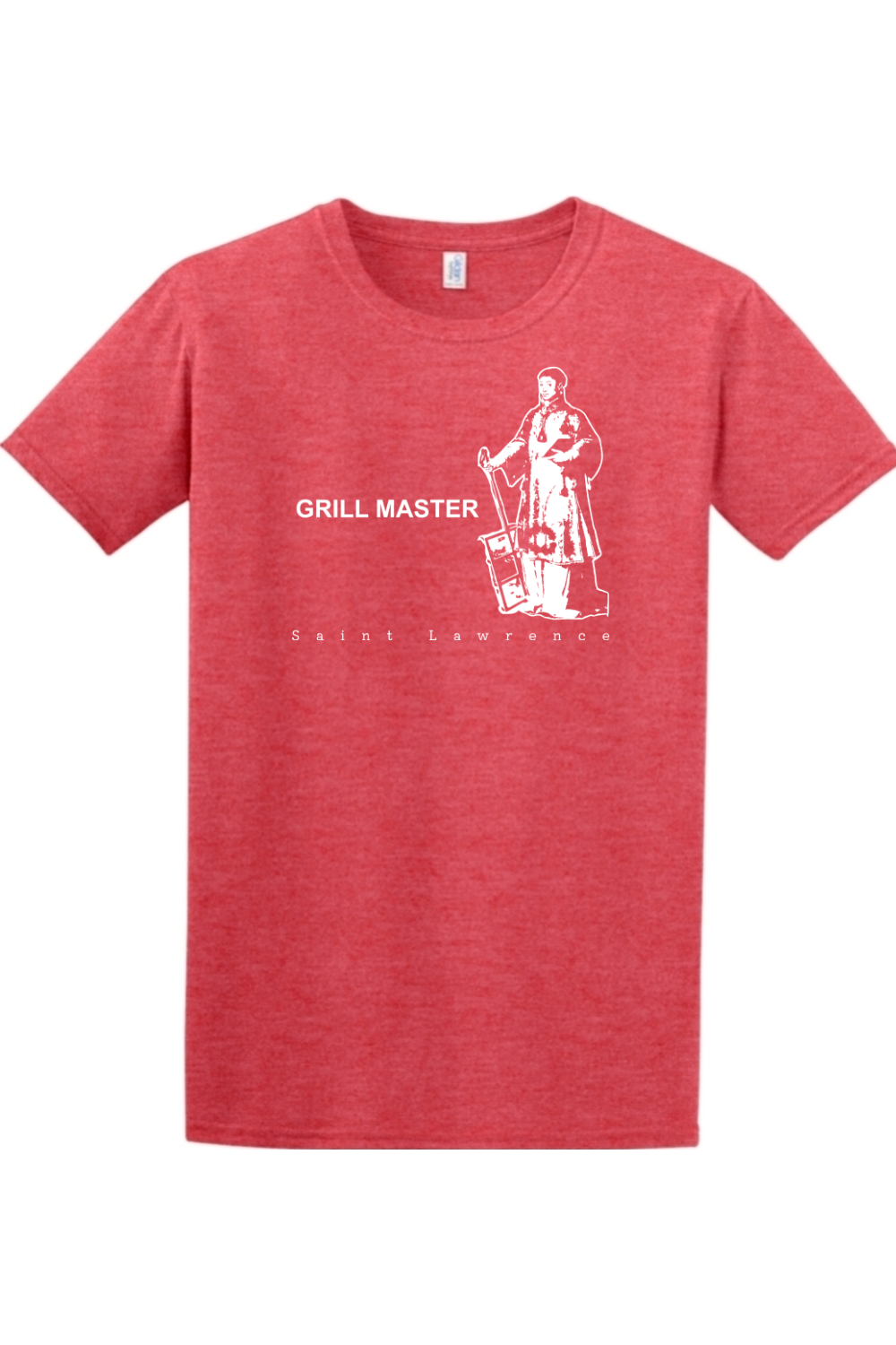 red t-shirt with St. Lawrence on it that says "Grill Master"