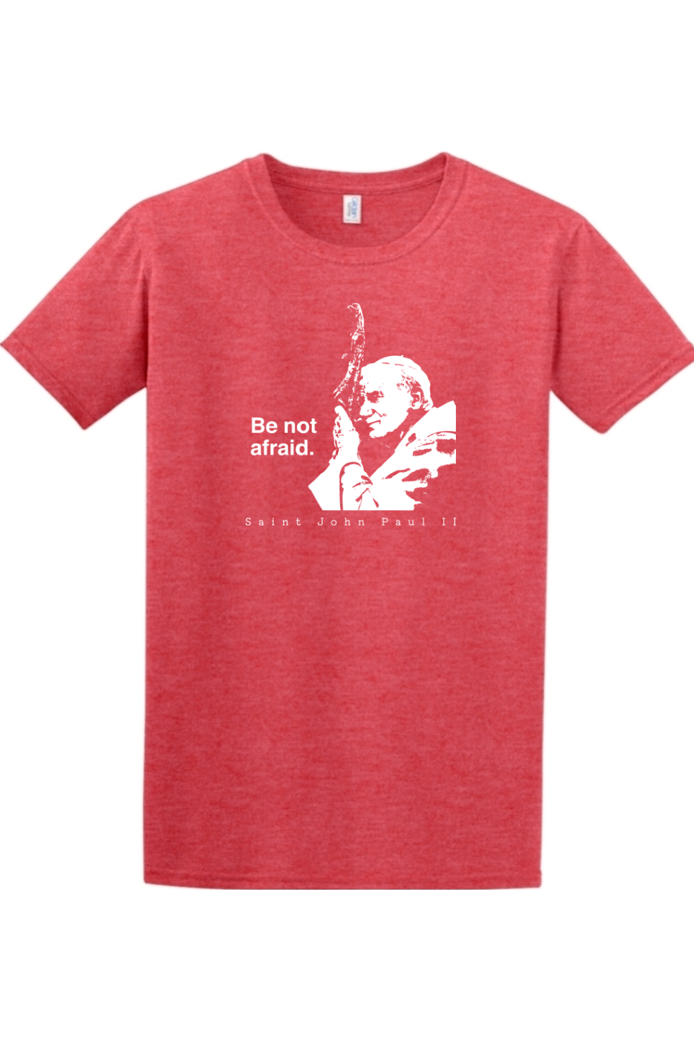 red t-shirt featuring St. John Paul II that says "Be not afraid"