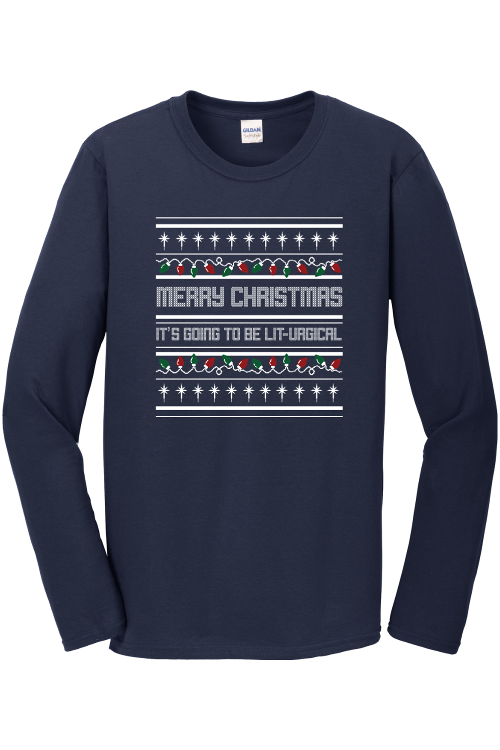 navy long sleeve shirt with Christmas Sweater pattern that says "Merry Christmas! It's going to get Lit-urgical."