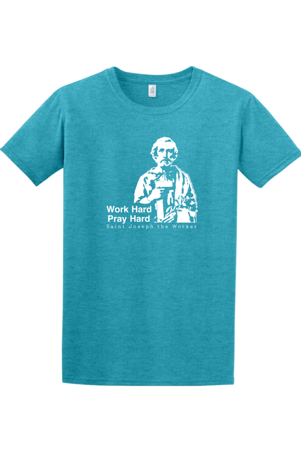 a blue t - shirt with a picture of St. Joseph the Worker that says "Work Hard, Pray Hard"