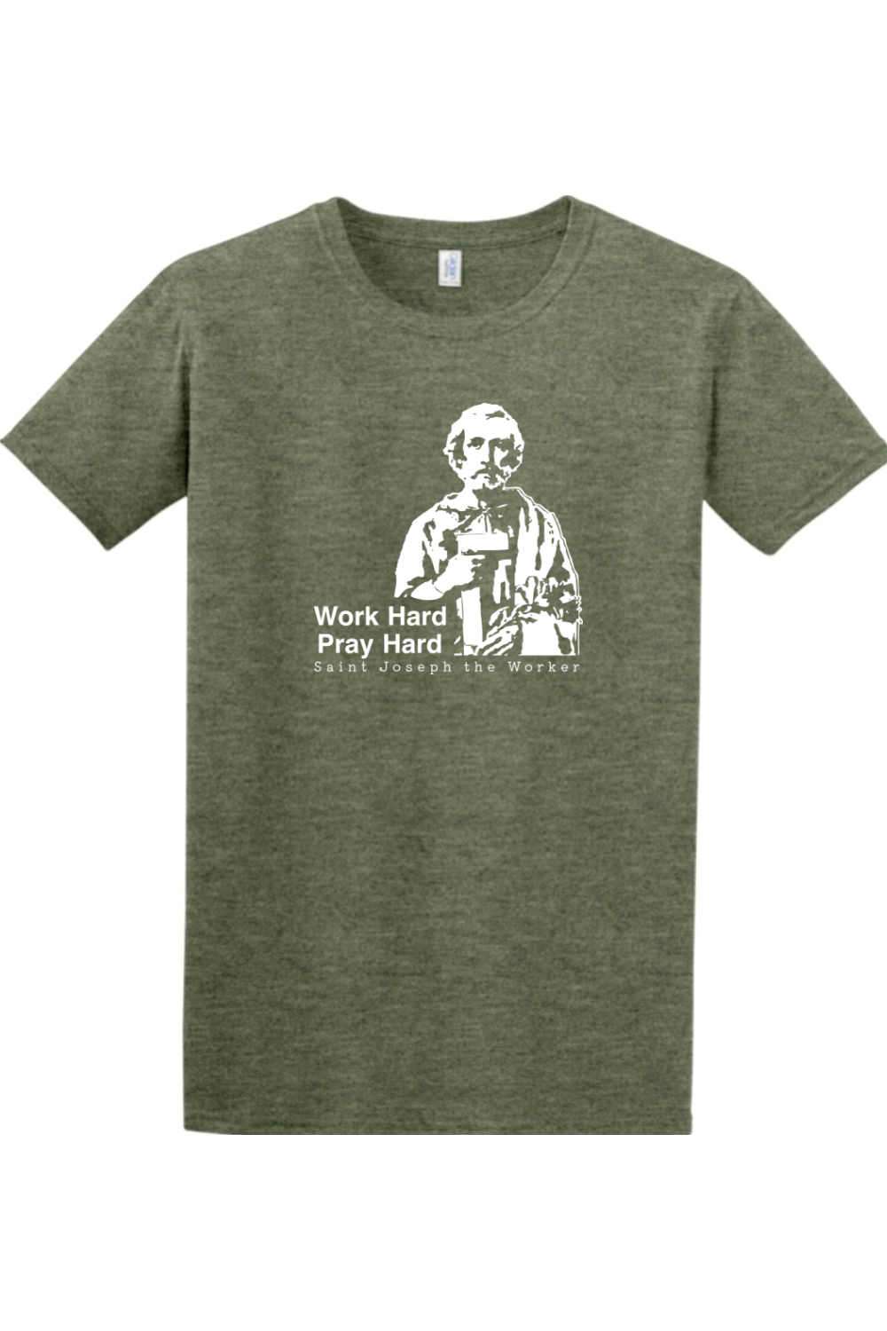 a green t - shirt with a picture of St. Joseph the Worker that says "Work Hard, Pray Hard"