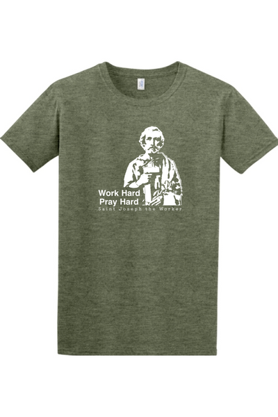 a green t - shirt with a picture of St. Joseph the Worker that says "Work Hard, Pray Hard"
