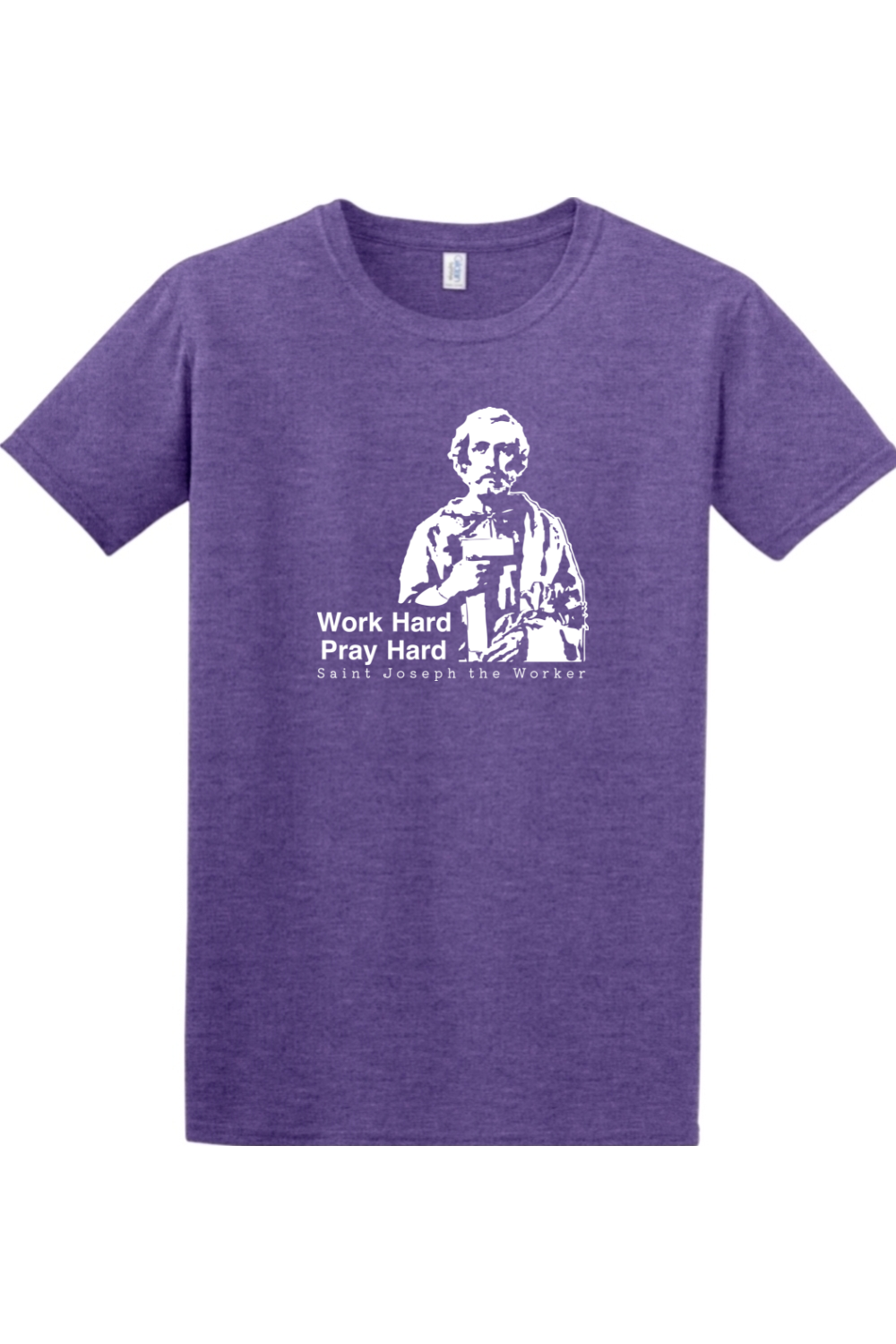 a purple t - shirt with a picture of St. Joseph the Worker that says "Work Hard, Pray Hard"
