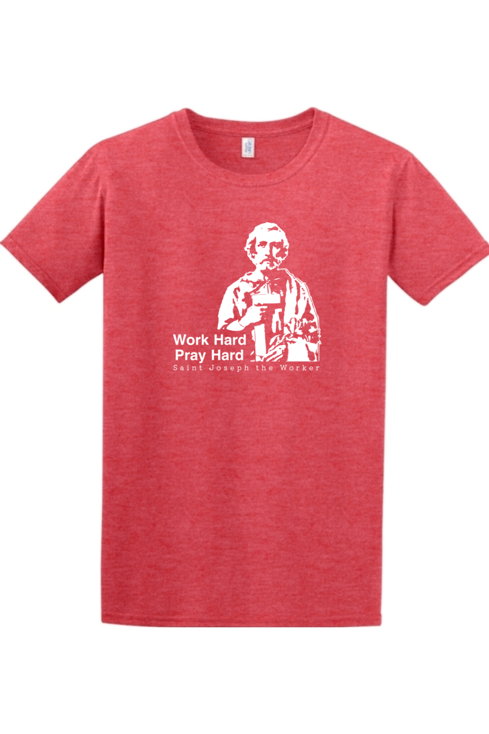 a red t - shirt with a picture of St. Joseph the Worker that says "Work Hard, Pray Hard"