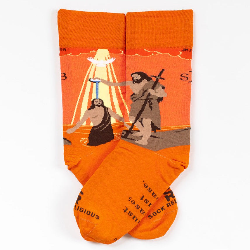 a pair of orange socks with pictures of St. John the Baptist
