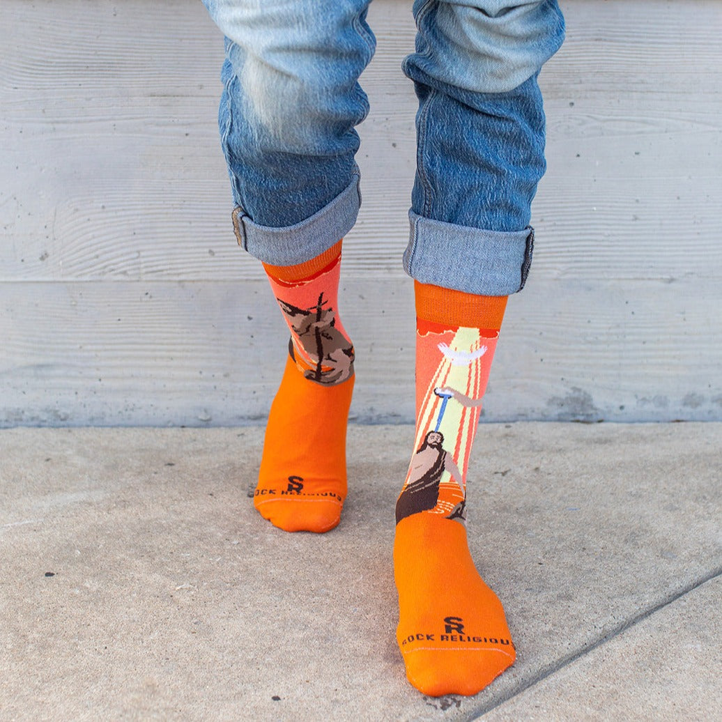 a person wearing orange socks