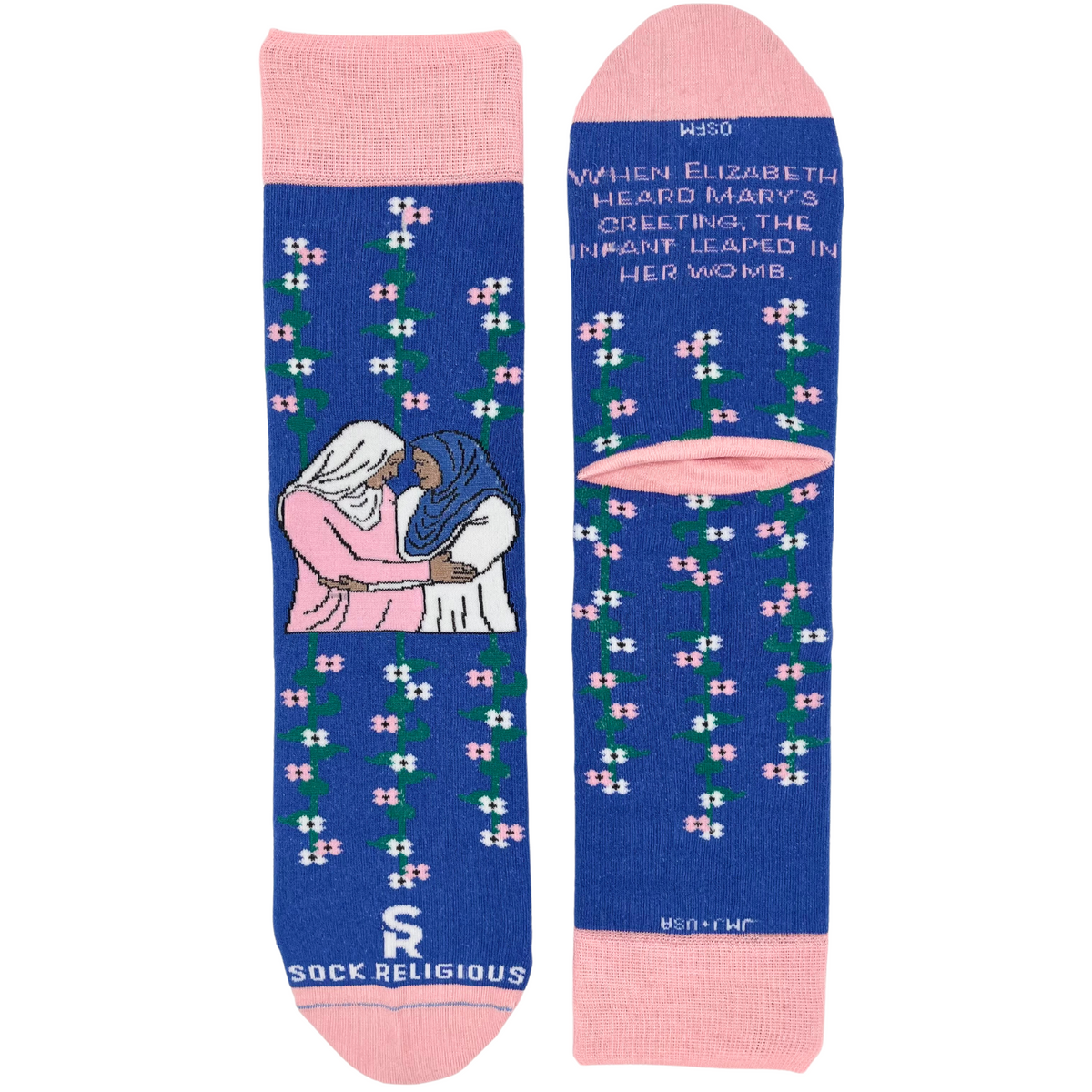 a pair of socks with a picture of Mary and Elizabeth