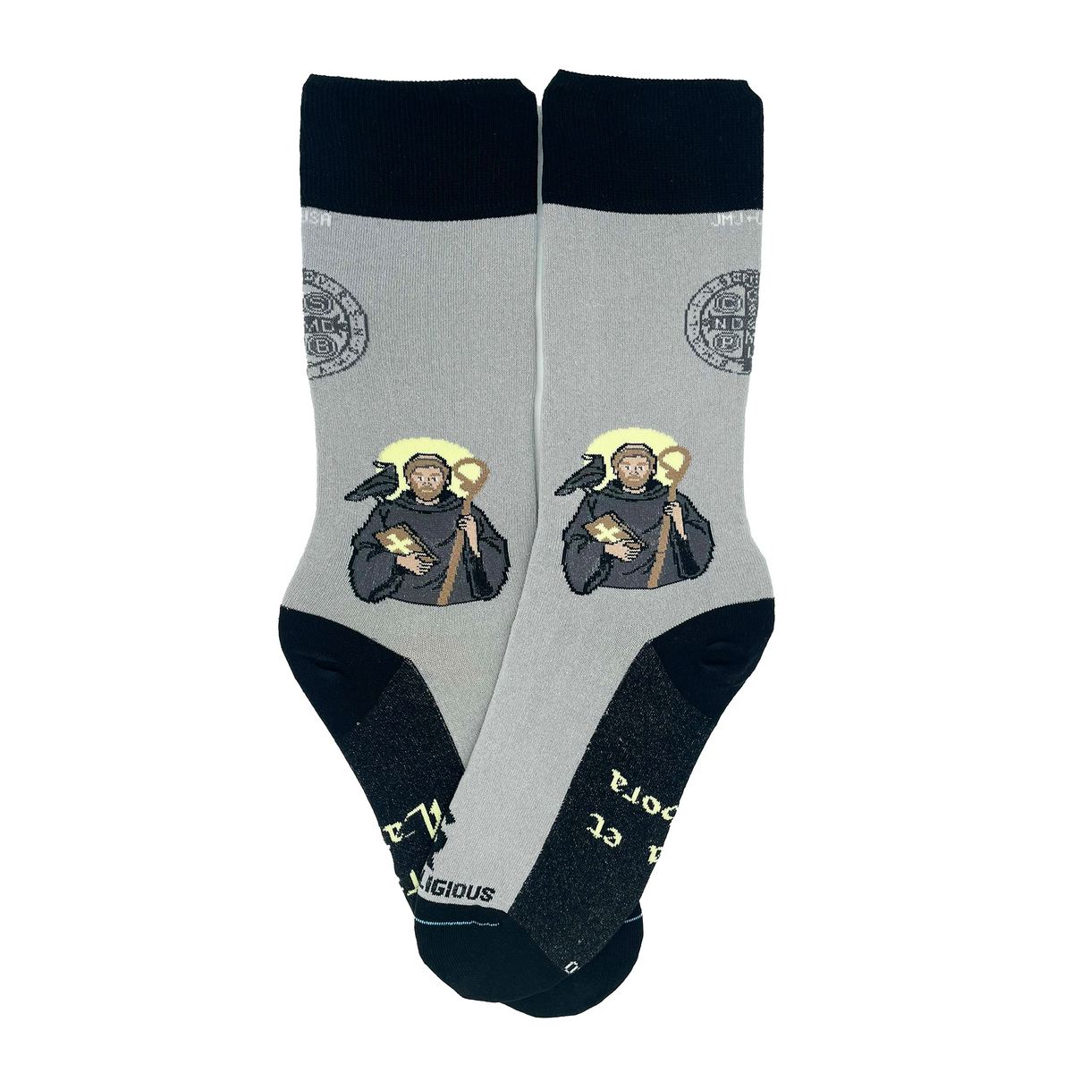a pair of socks with a picture of St. Benedict