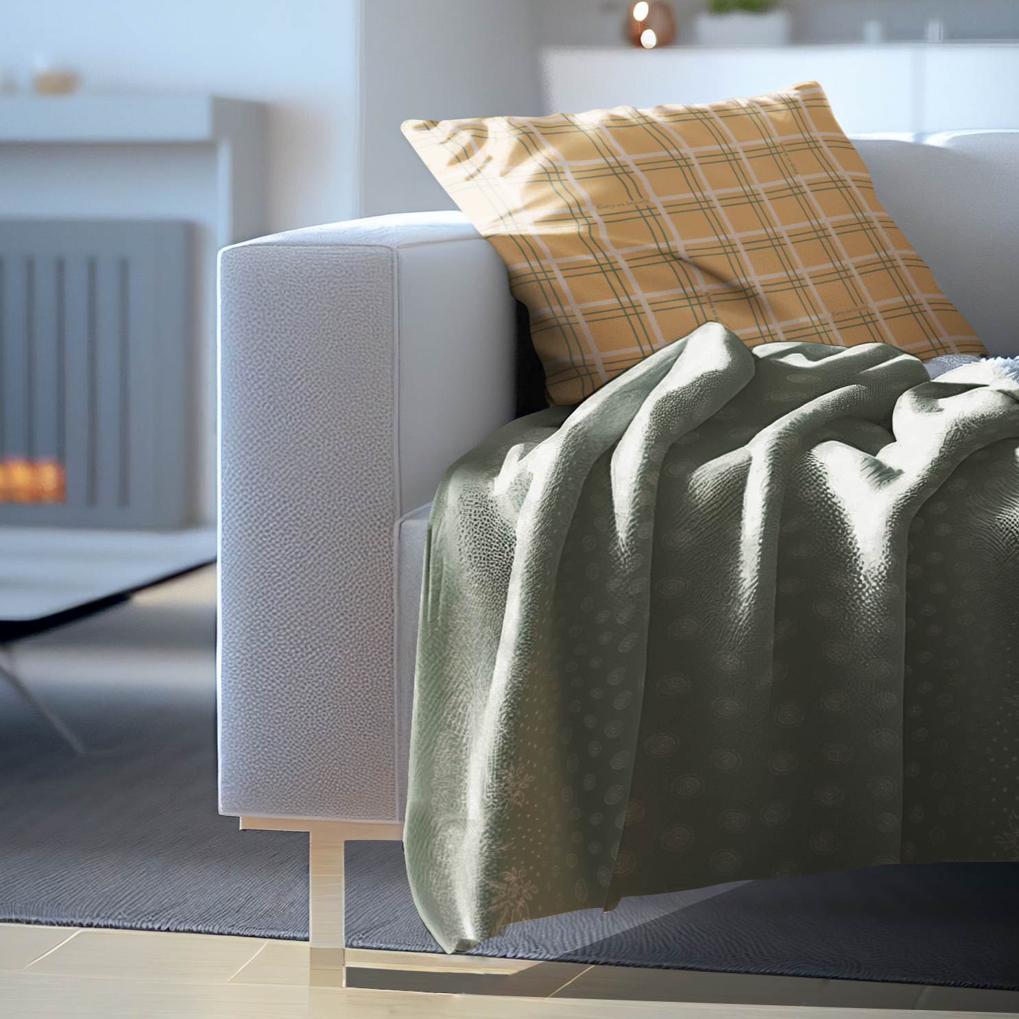 A green and white blanket with a white border, showcasing a gold design of craft symbols by Louis and Zélie. Set as a throw blanket over a grey couch.
