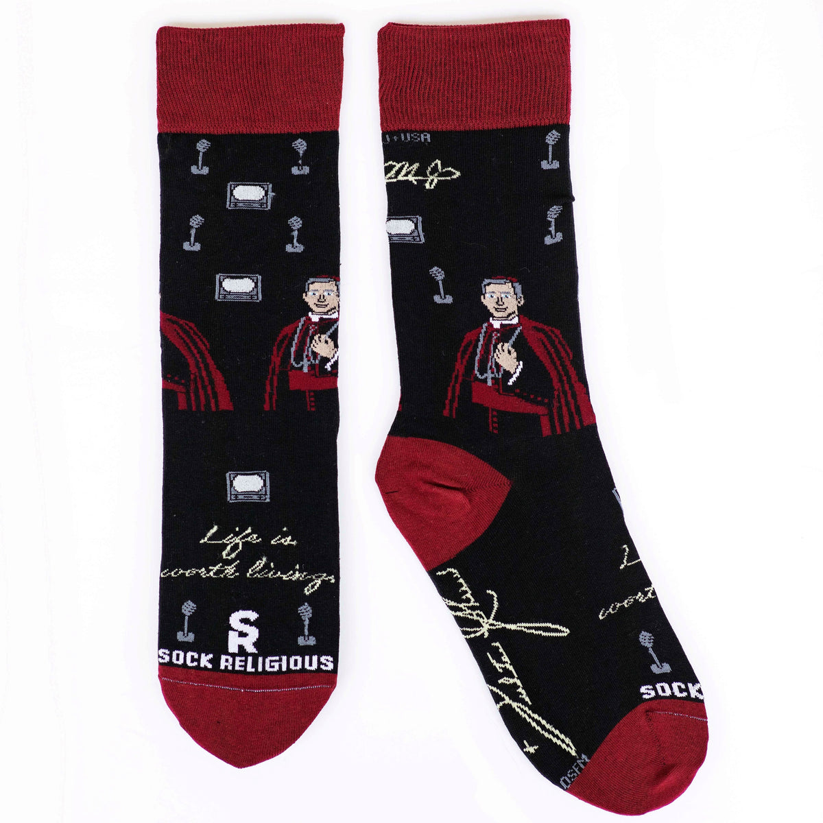 a pair of socks with a picture of a man on it