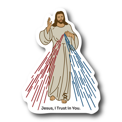 Divine Mercy Image of Jesus on a sticker that says "Jesus, I trust in you"