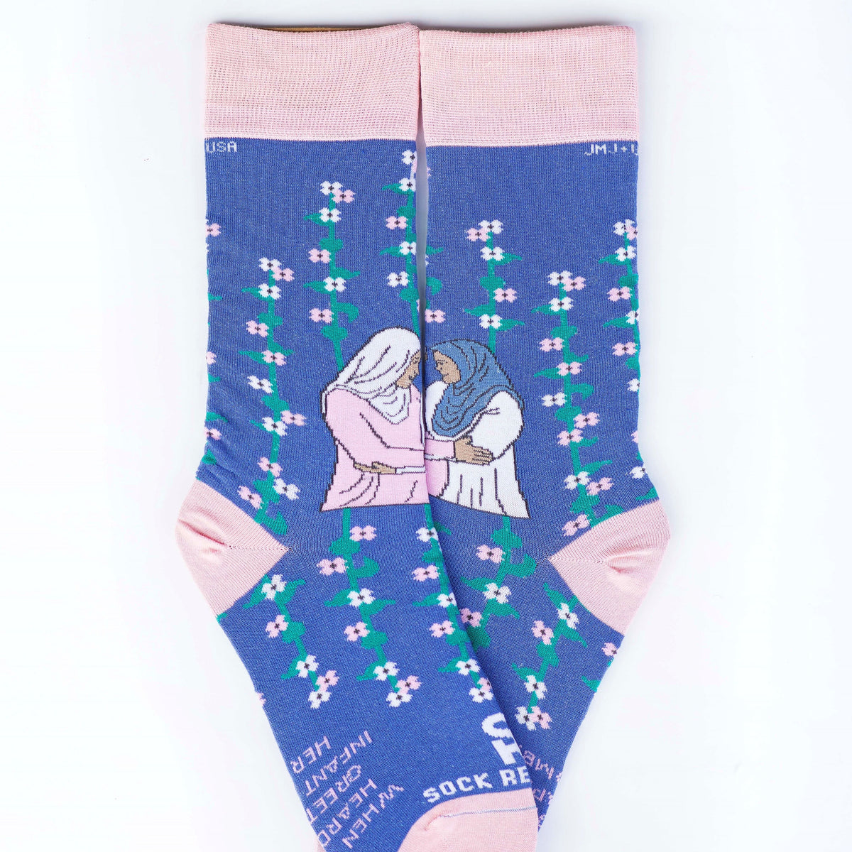 a pair of socks with a picture of Mary and Elizabeth