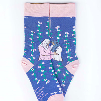 a pair of socks with a picture of Mary and Elizabeth
