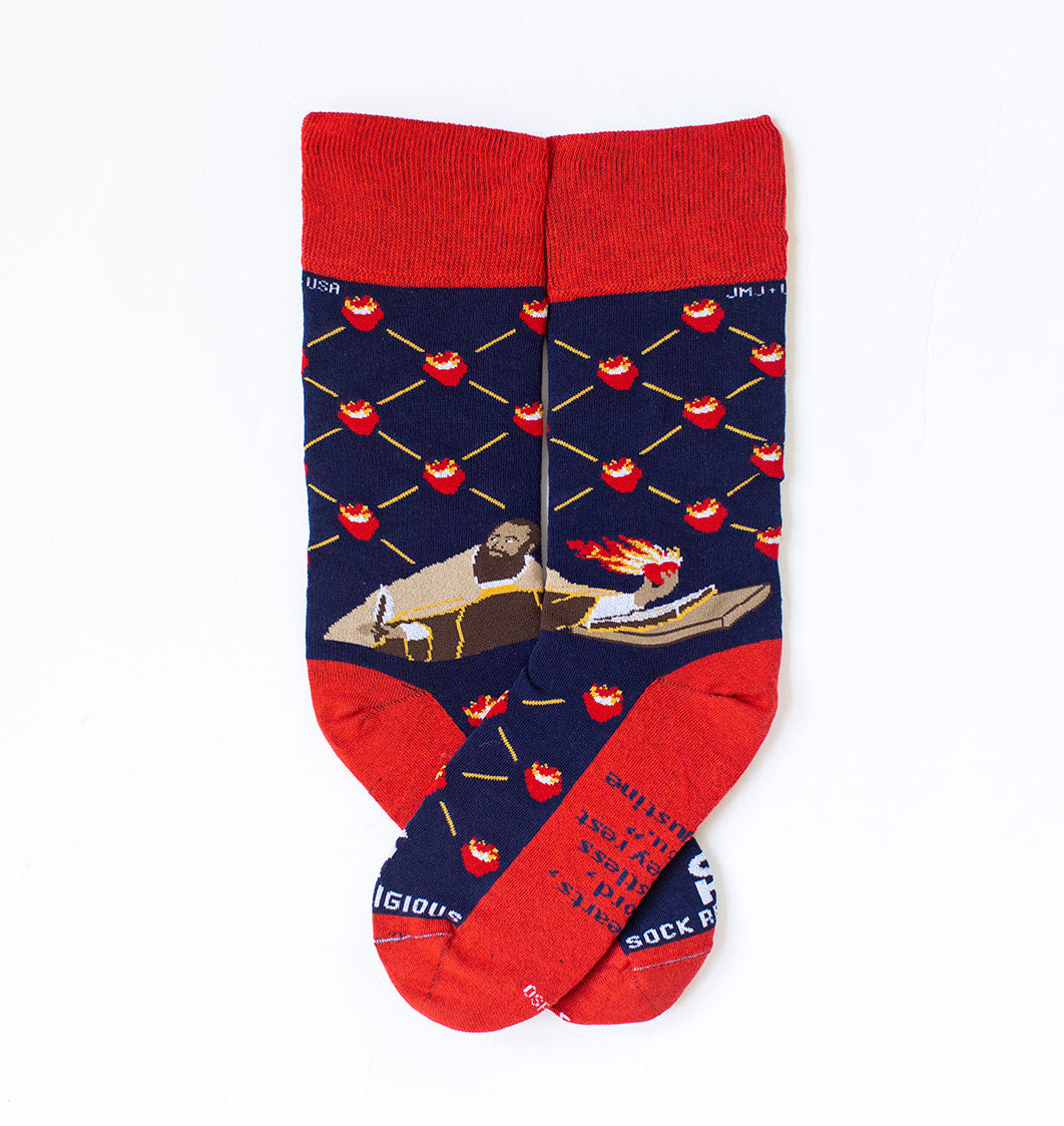 a pair of socks with a picture St. Augustine