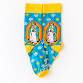 teal, orange and yellow socks featuring Our Lady of Guadalupe