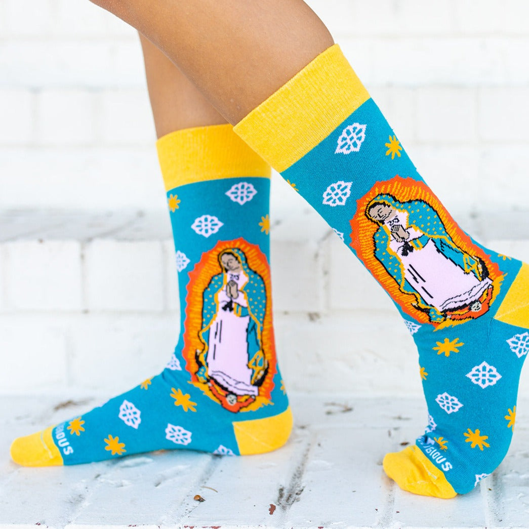 a profile image of a woman wearing Our Lady of Guadalupe Socks