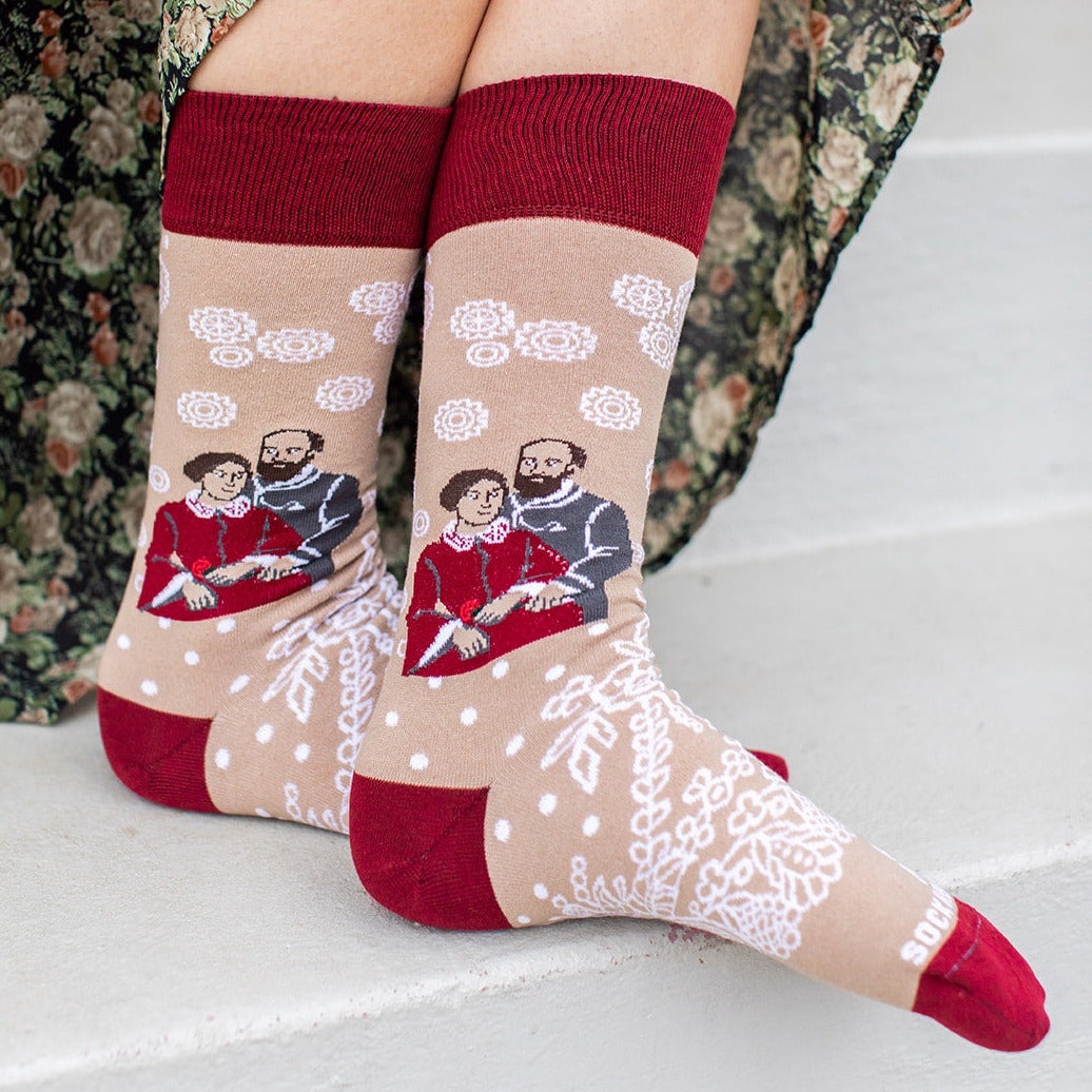 a pair of socks with a picture of Sts. Louis & Zelie
