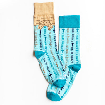 a pair of blue socks with words on them