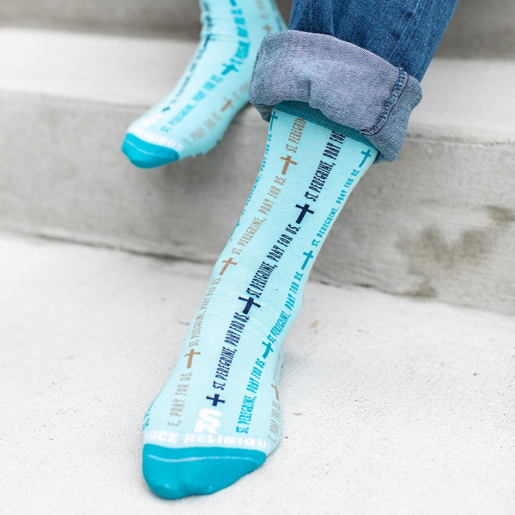 a person wearing a pair of blue socks with words on them