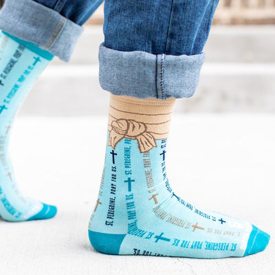 a person wearing a pair of blue socks with words on them