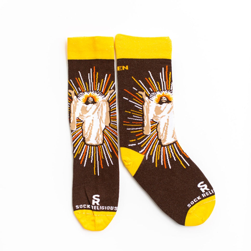 a pair of brown socks with a picture Jesus Christ