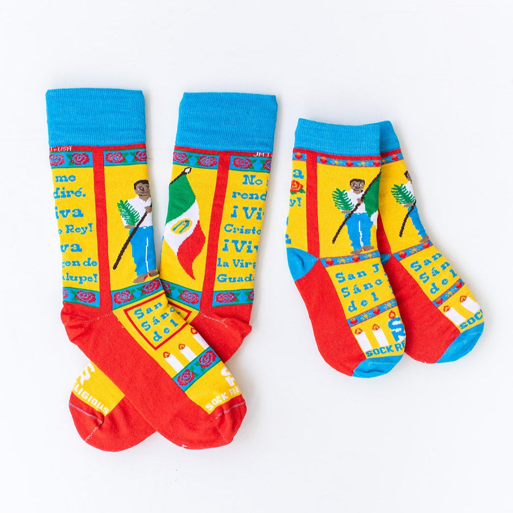 a pair of colorful socks with a picture St. José Sánchez del Río