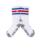 a pair of white socks with red, white, and blue stripes