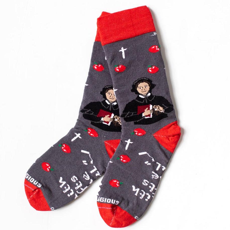 a pair of socks with a picture of St. Elizabeth Ann Seton