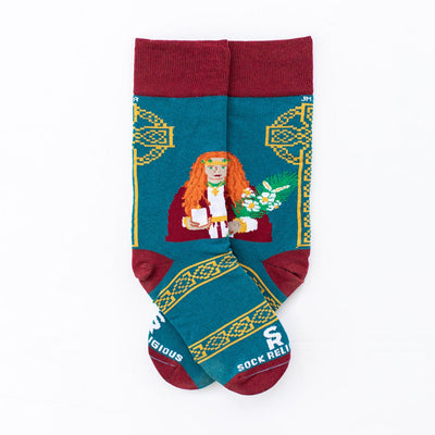a pair of socks with a picture of St. Dymphna