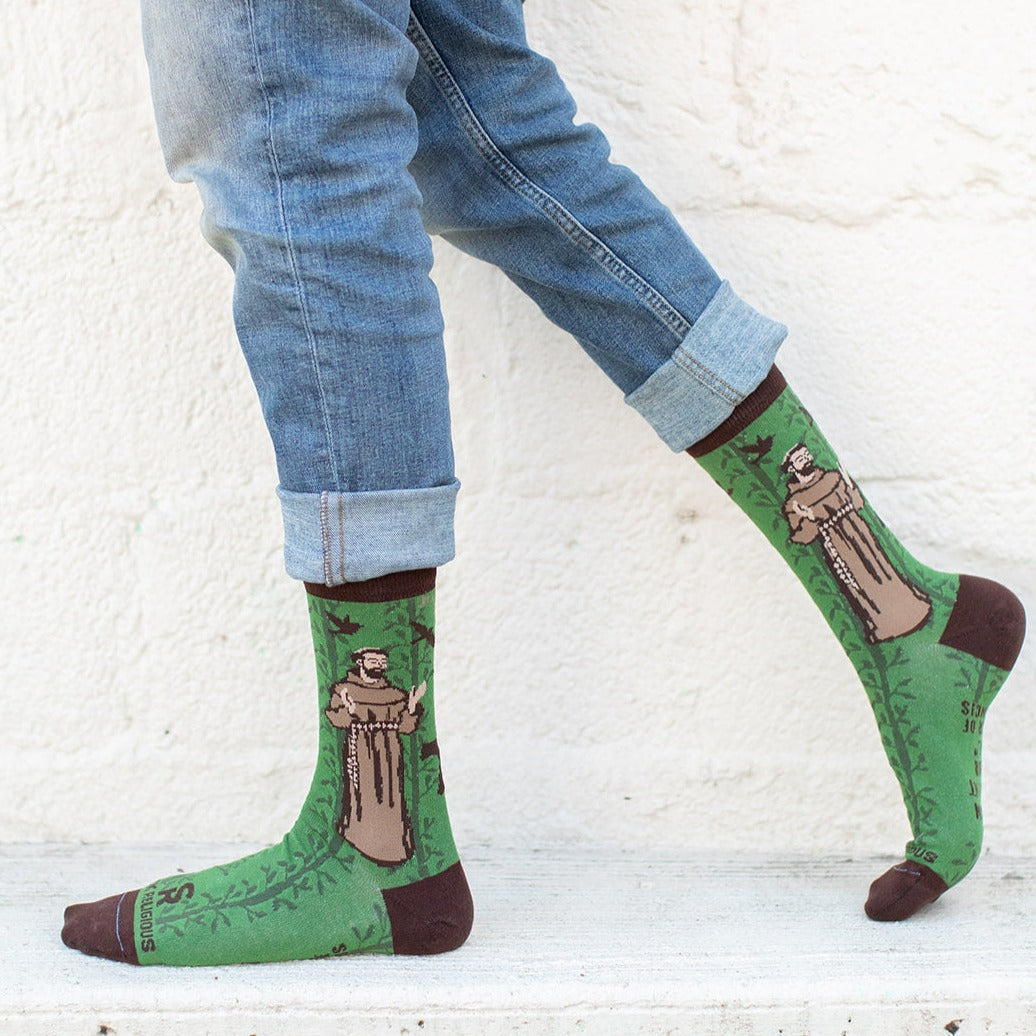 a person wearing st. francis of assisi socks