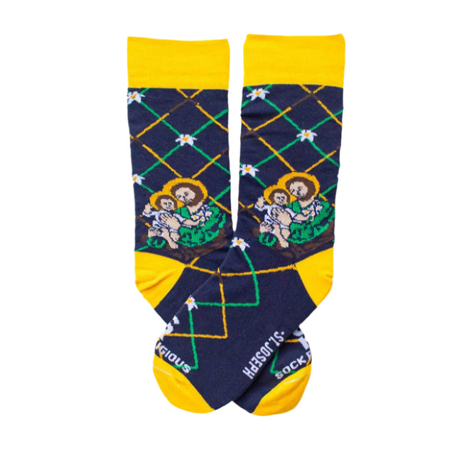 navy dress socks with St. Joseph and infant Jesus on them, yellow heel, toe, and cuff, lilys and carpenter squares