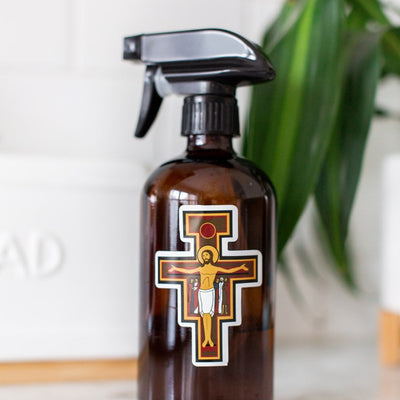 san damiano cross of st. francis sticker on a spray bottle
