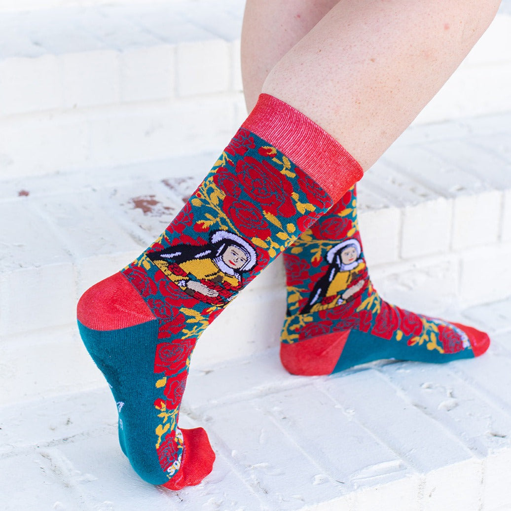 a woman wearing St. These socks