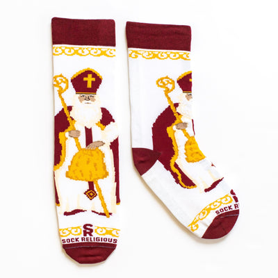 a pair of socks with an picture of St. Nicholas