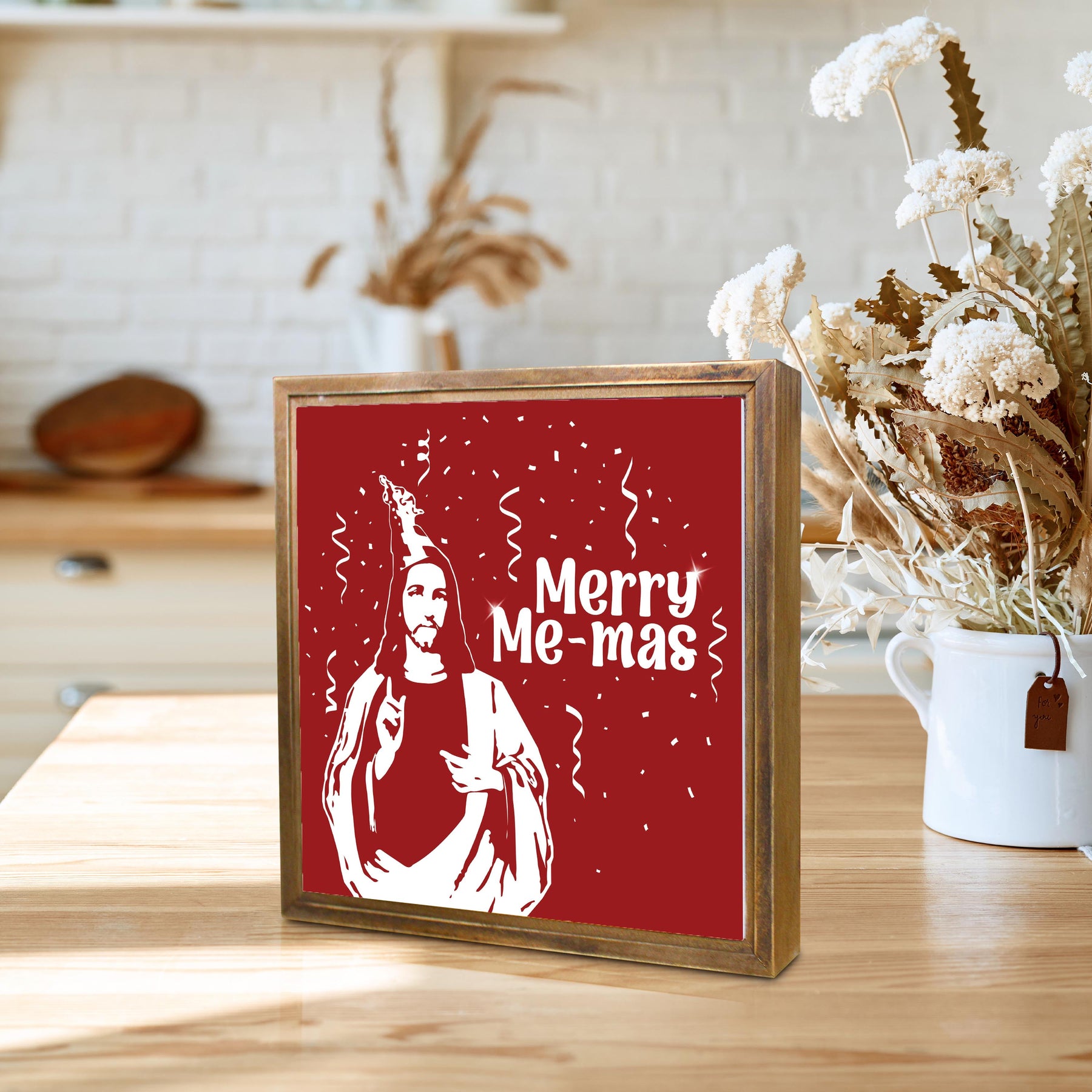 Merry Me-mas  11.25x11.25 Framed Wood Block | Catholic Gifts & Decor-4