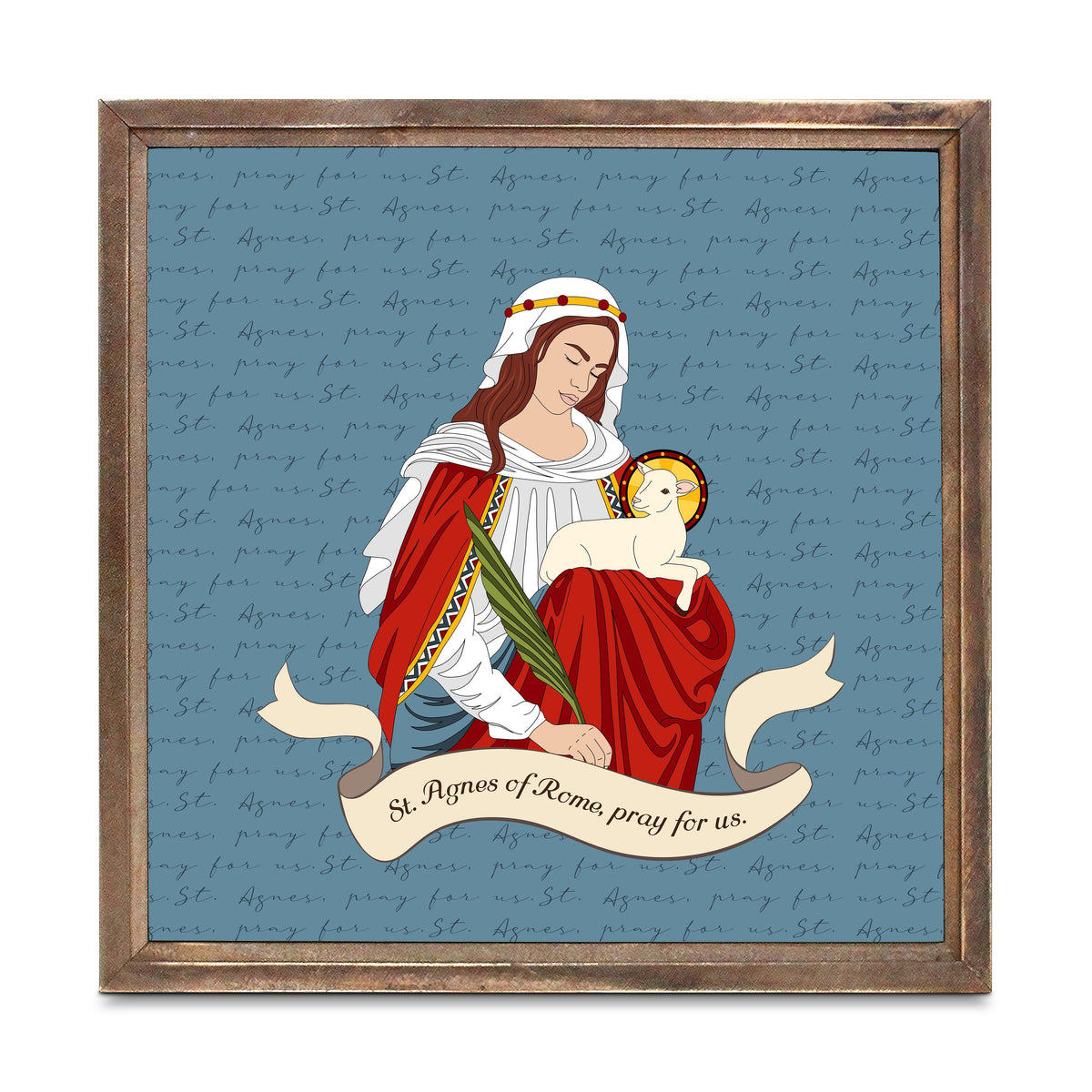 St. Agnes 11.25x11.25 Framed Wood Block | Catholic Gifts & Decor-0