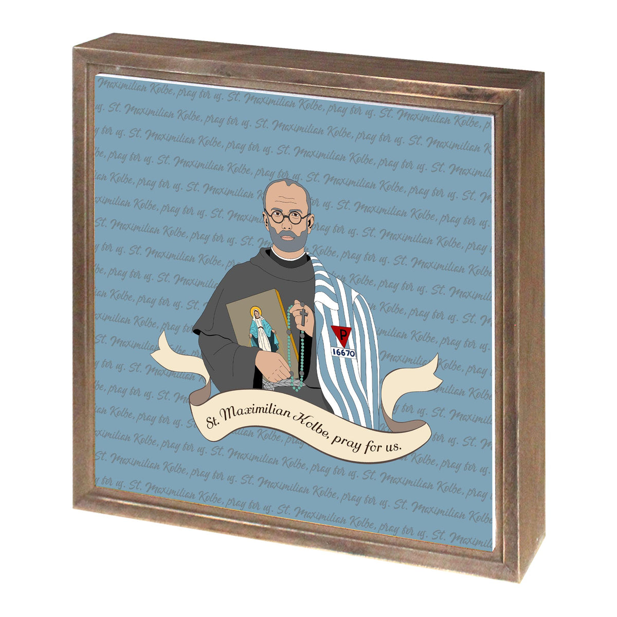 St. Maximilian Kolbe  11.25x11.25 Framed Wood Block | Catholic Gifts & Decor-1