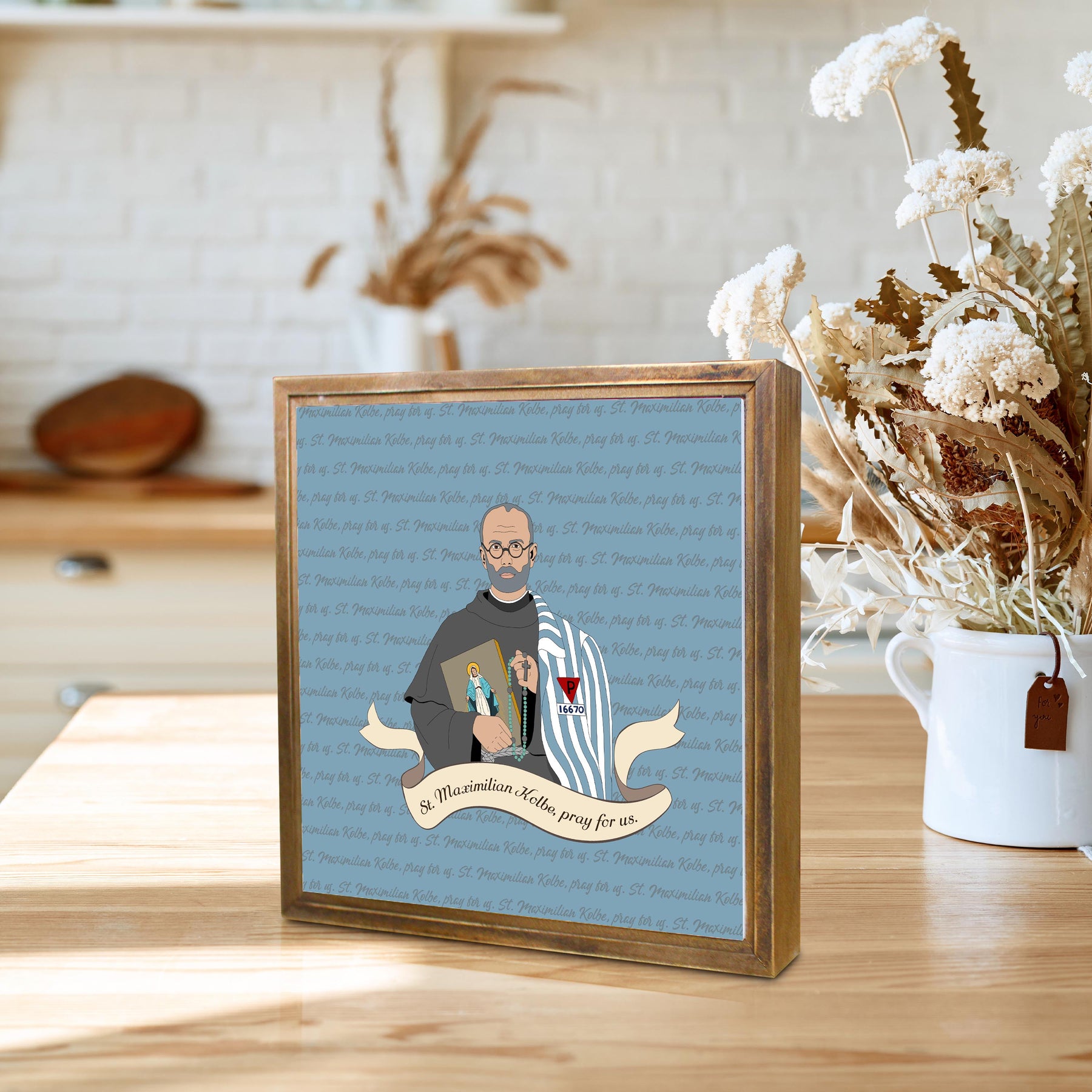 St. Maximilian Kolbe  11.25x11.25 Framed Wood Block | Catholic Gifts & Decor-4