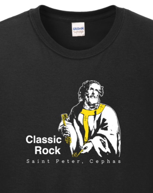 long sleeve shirt with image of St. Peter that says "Classic Rock" with "St. Peter, Cephas" underneath