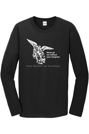 black longsleeve shirt with image of St. Michael that says "Never go without your wingman" with 'St. Michael the Archangel' underneath