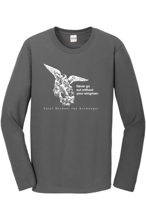 charcoal longsleeve shirt with image of St. Michael that says "Never go without your wingman" with 'St. Michael the Archangel' underneath