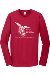 red longsleeve shirt with image of St. Michael that says "Never go without your wingman" with 'St. Michael the Archangel' underneath