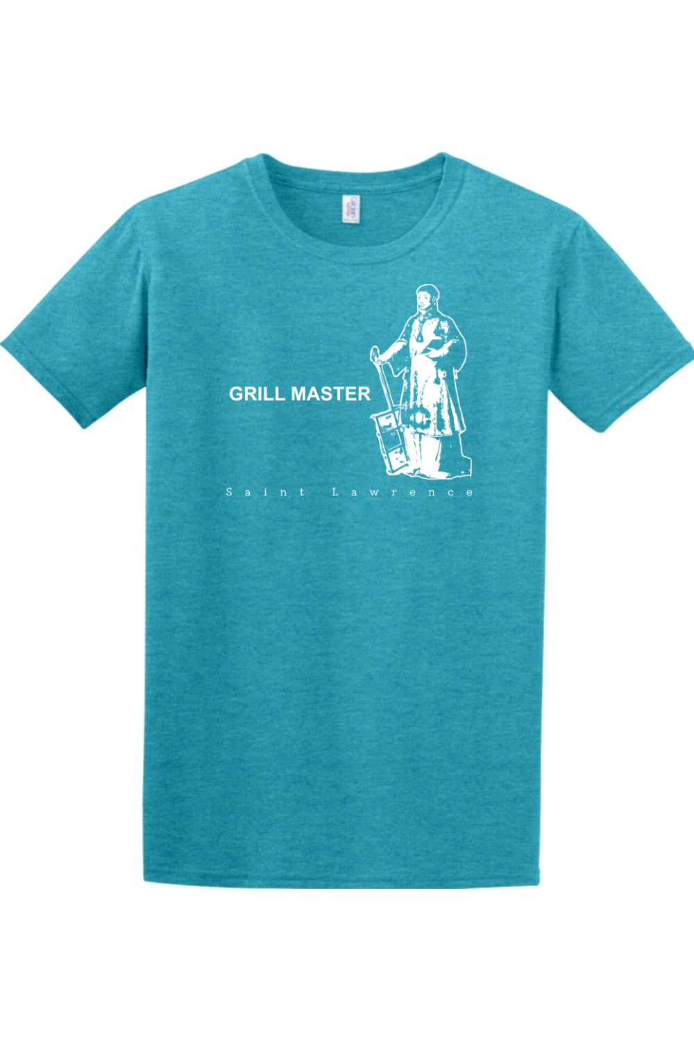 teal t-shirt with St. Lawrence on it that says "Grill Master"