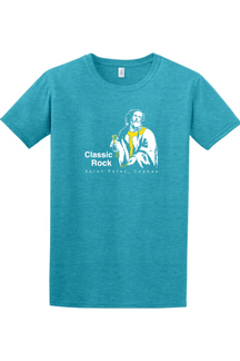 a teal t-shirt with St. Peter on it that says "Classic Rock"