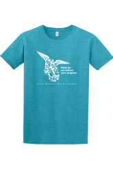 a blue t - shirt with an image of St. Michael the Archangel on it. It says "Never go without your wingman"
