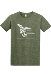 a green t - shirt with an image of St. Michael the Archangel on it. It says "Never go without your wingman"