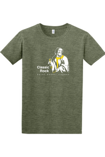 a military green t-shirt with St. Peter on it that says "Classic Rock"